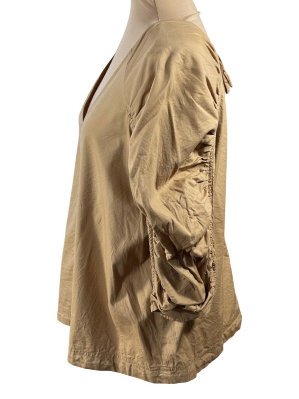 Loft Top Camel Brown Size M Medium Ruched Sleeve V-Neck Cotton Modal - Picture 2 of 6